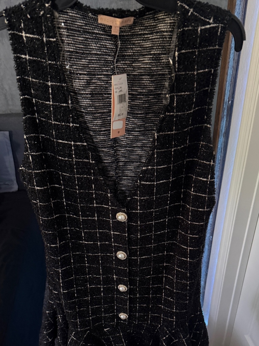 Sleeveless Black Tweed Mini Dress with Button-Front Detail